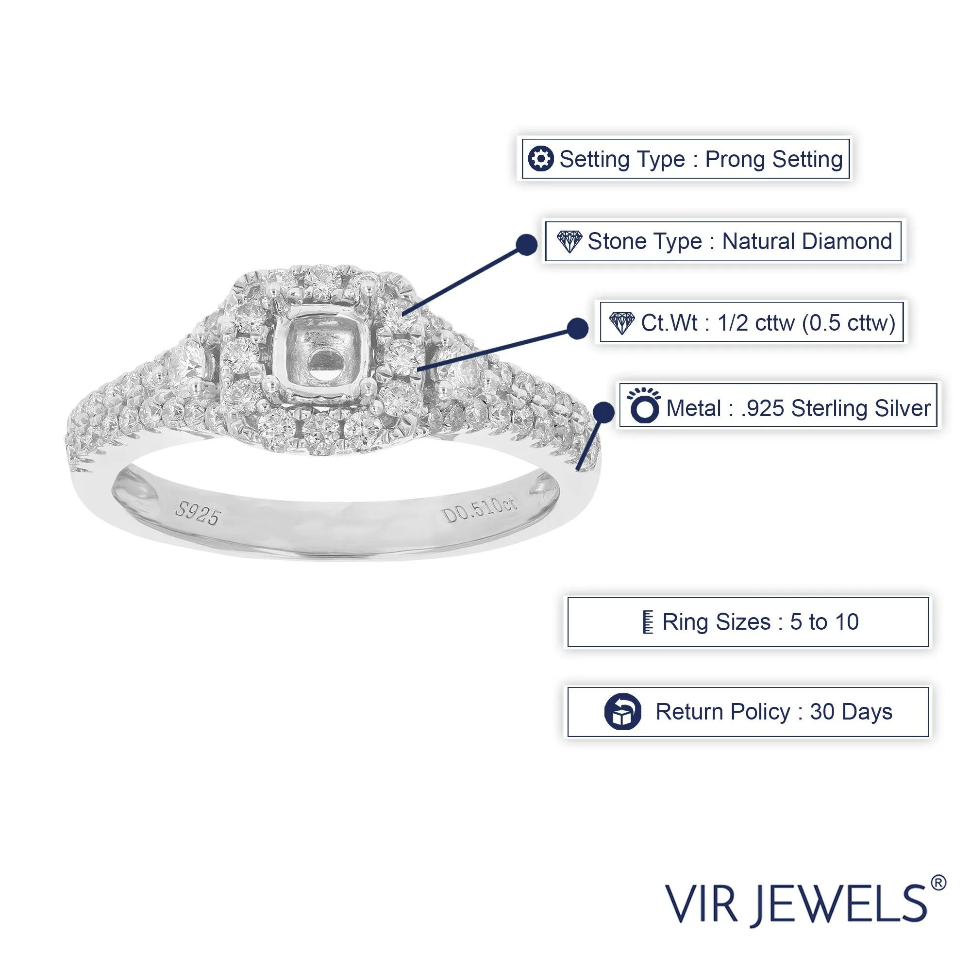1/2 cttw Diamond Semi Mount Halo Engagement Ring in Sterling Silver