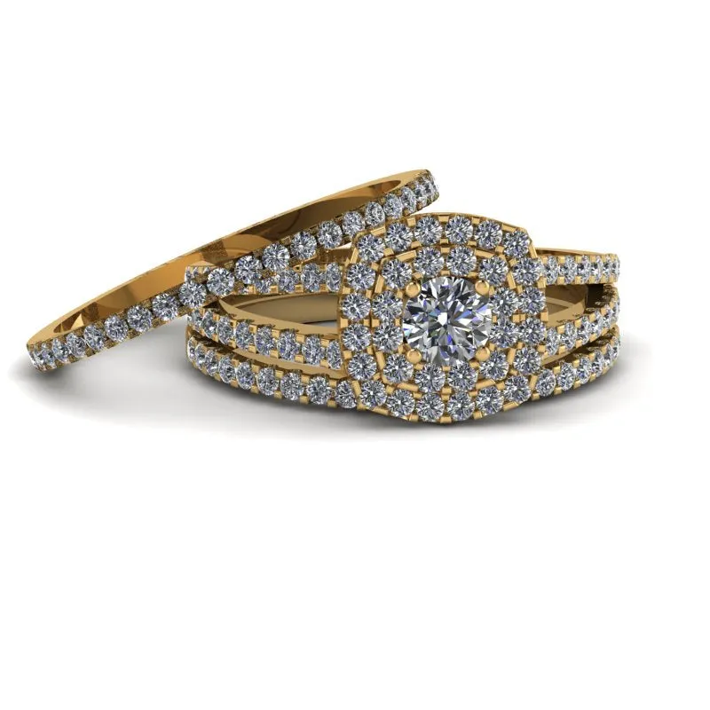 1.25ct Round Brilliant Diamond Double Halo Gold Trio Bridal Set - 04US52