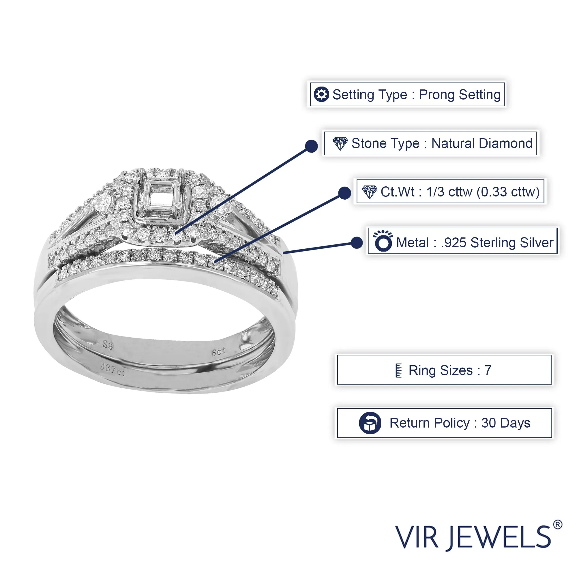 1/3 cttw Diamond Halo Bridal Ring Set in Sterling Silver