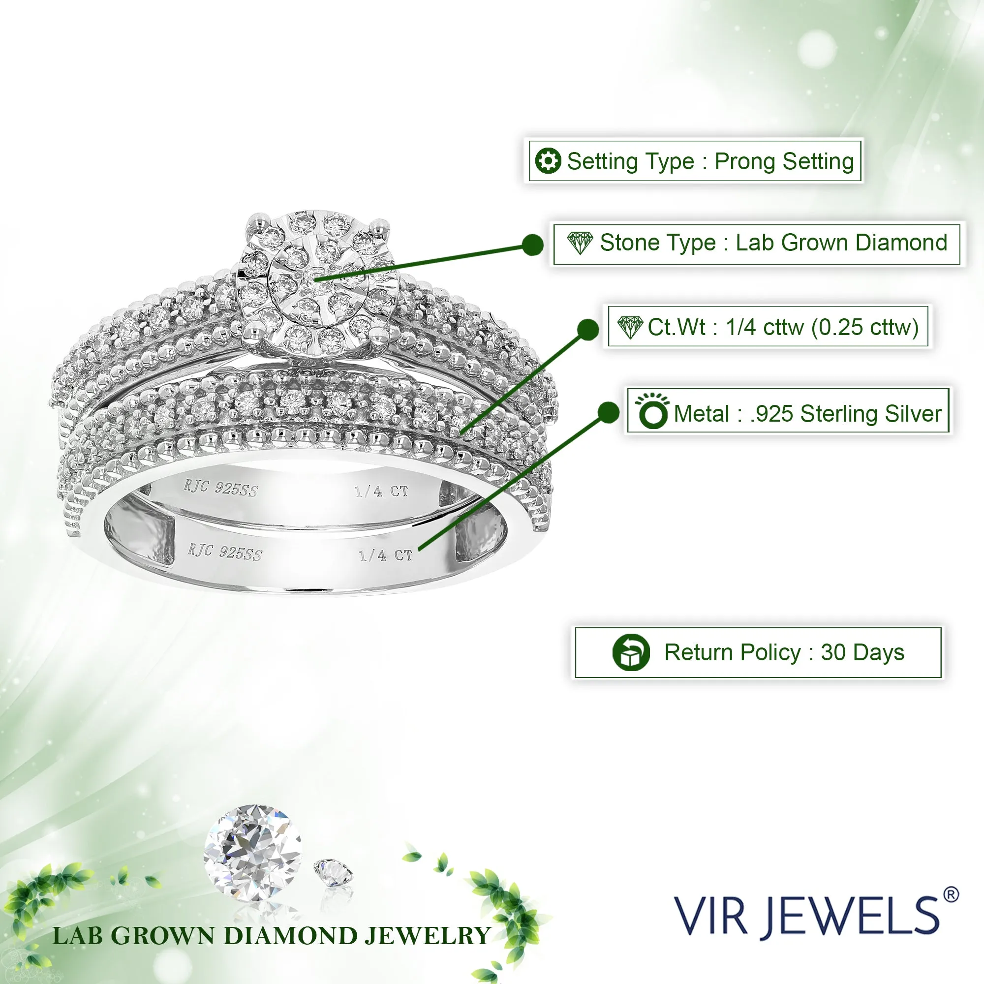 1/4 cttw Lab Grown Diamond Round Bridal Ring Set Sterling Silver