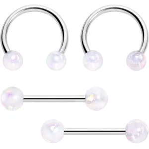 14 Gauge 9/16 White Faux Opal Horseshoe Barbell Nipple Ring Set of 4