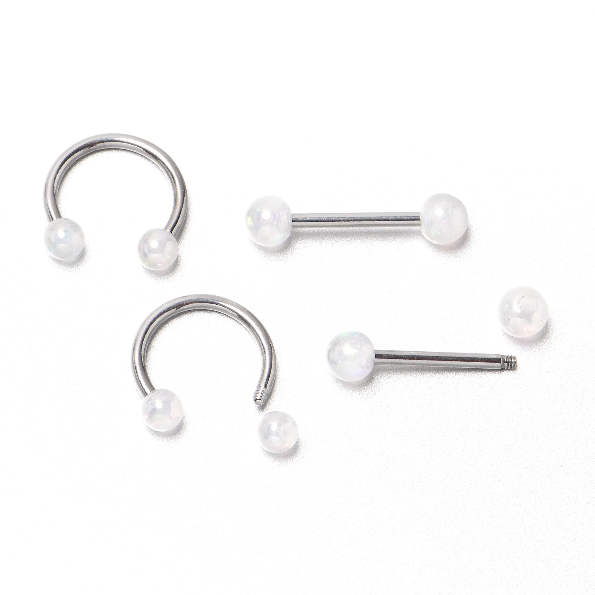 14 Gauge 9/16 White Faux Opal Horseshoe Barbell Nipple Ring Set of 4