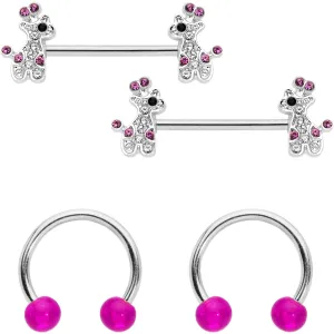 14 Gauge Clear Pink Gem Giraffe UV Horseshoe Nipple Ring Set