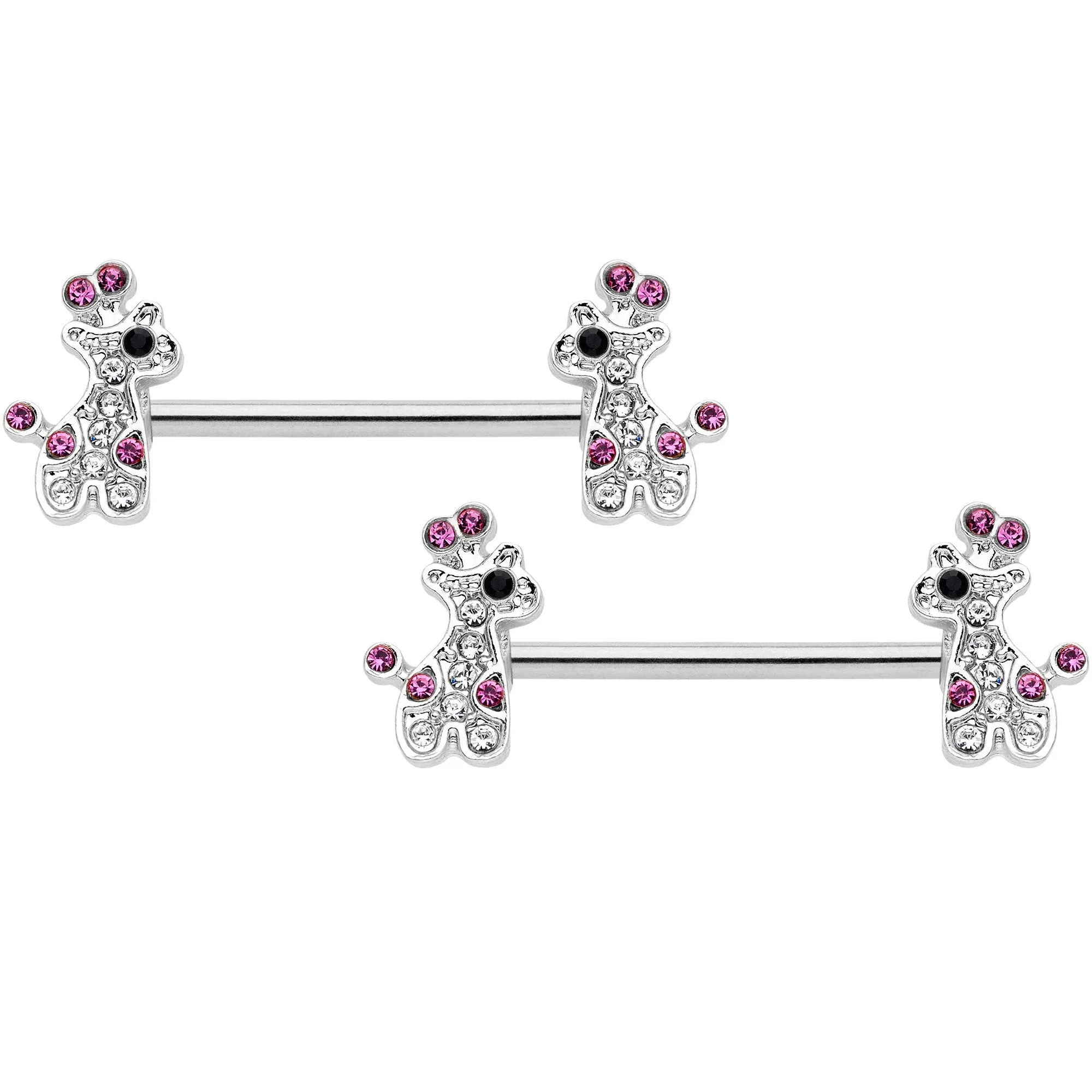 14 Gauge Clear Pink Gem Giraffe UV Horseshoe Nipple Ring Set