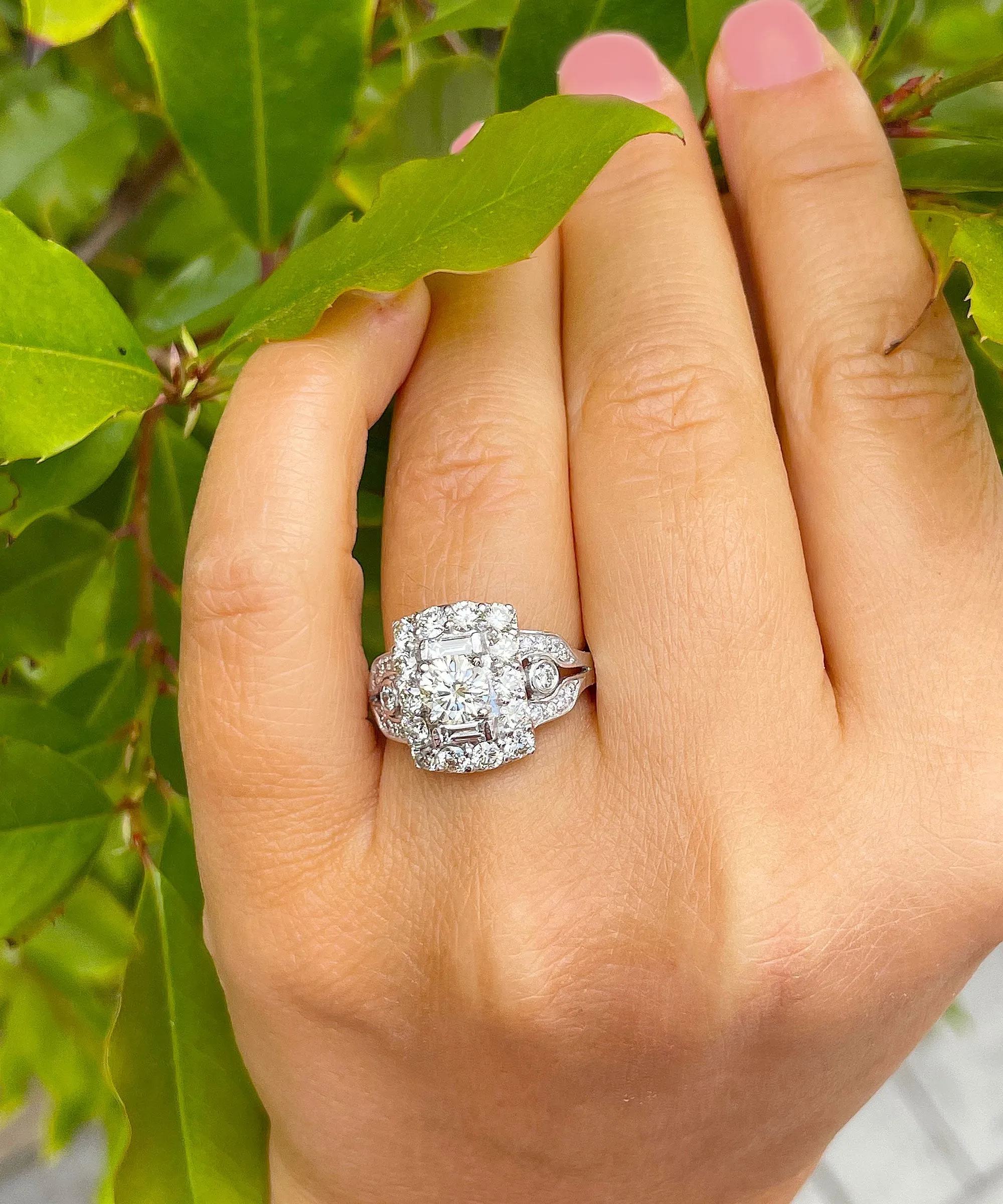 14K Solid And Heavy White Gold Round Cut And Baguettes Cut Natural Diamond Engagement Ring Antique Style 2.50ctw