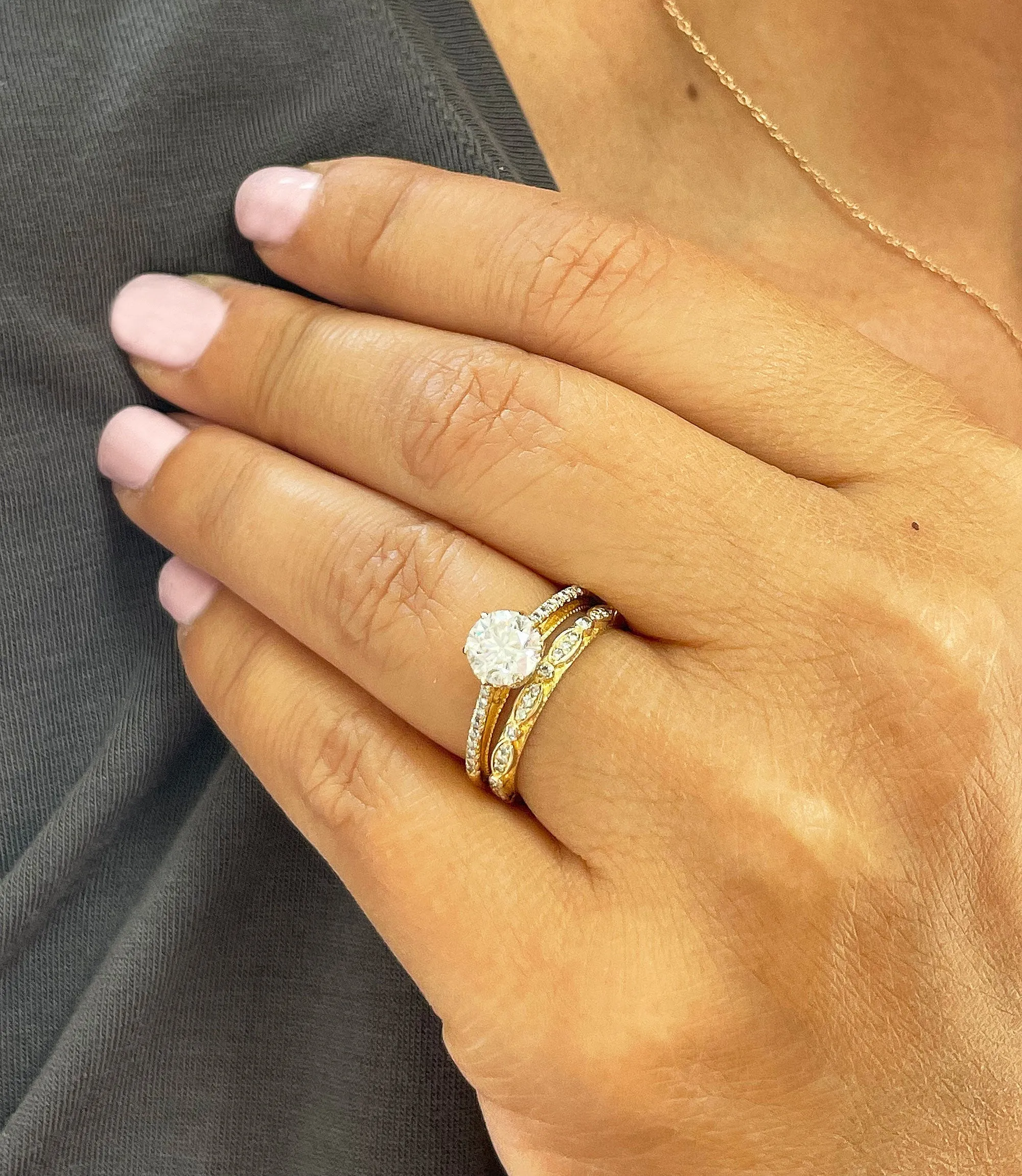 14k Solid Yellow Gold Round Cut Natural Diamond Engagement Ring And Band 1.50ctw