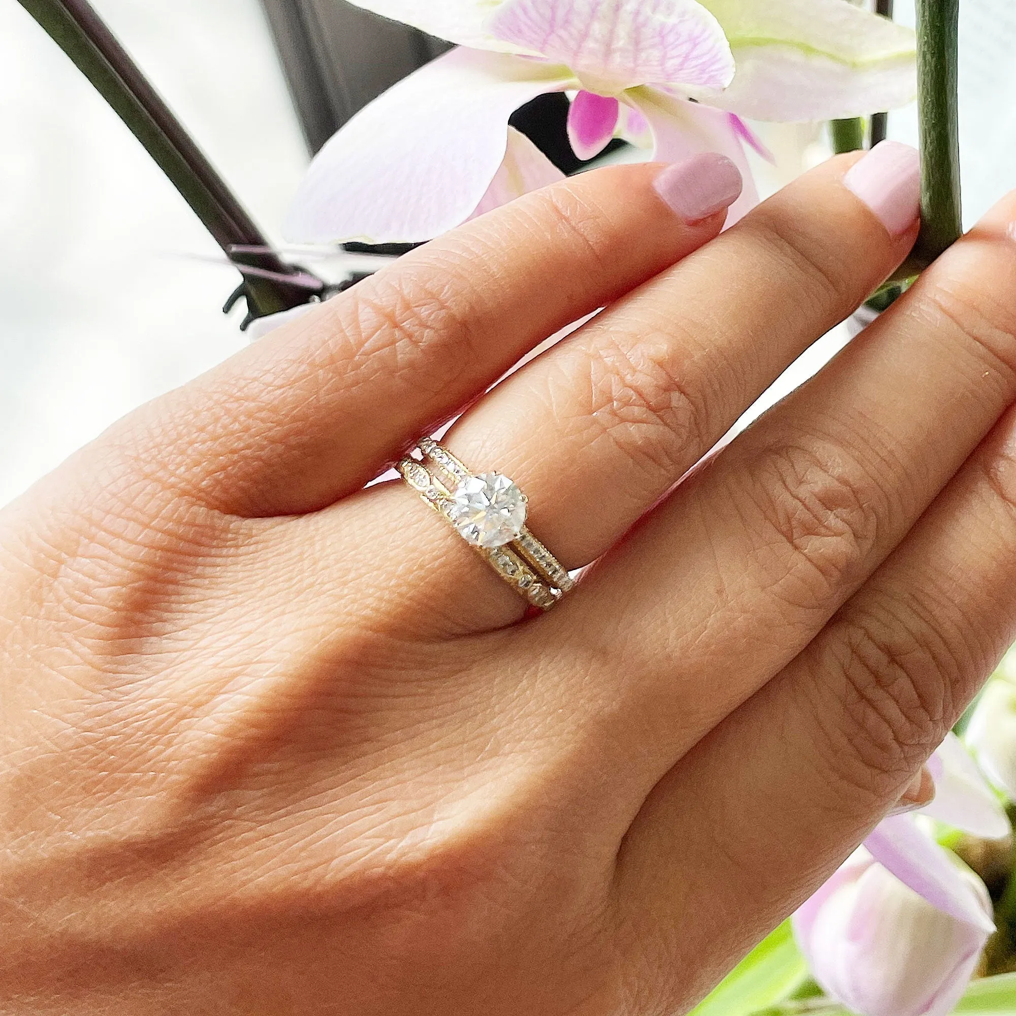 14k Solid Yellow Gold Round Cut Natural Diamond Engagement Ring And Band 1.50ctw