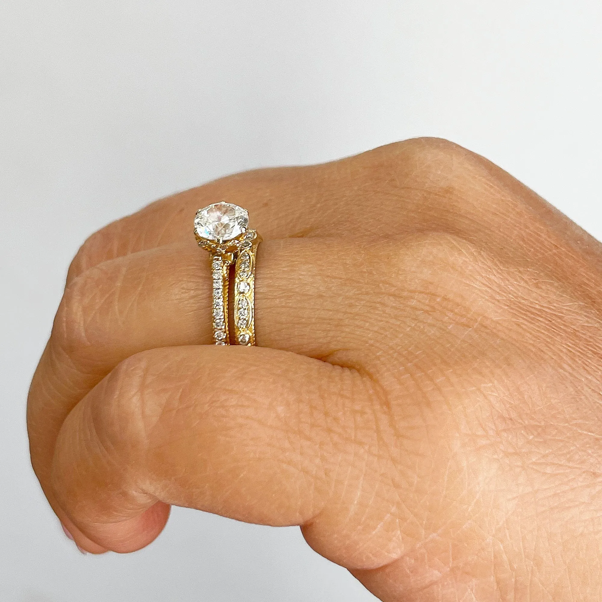 14k Solid Yellow Gold Round Cut Natural Diamond Engagement Ring And Band 1.50ctw