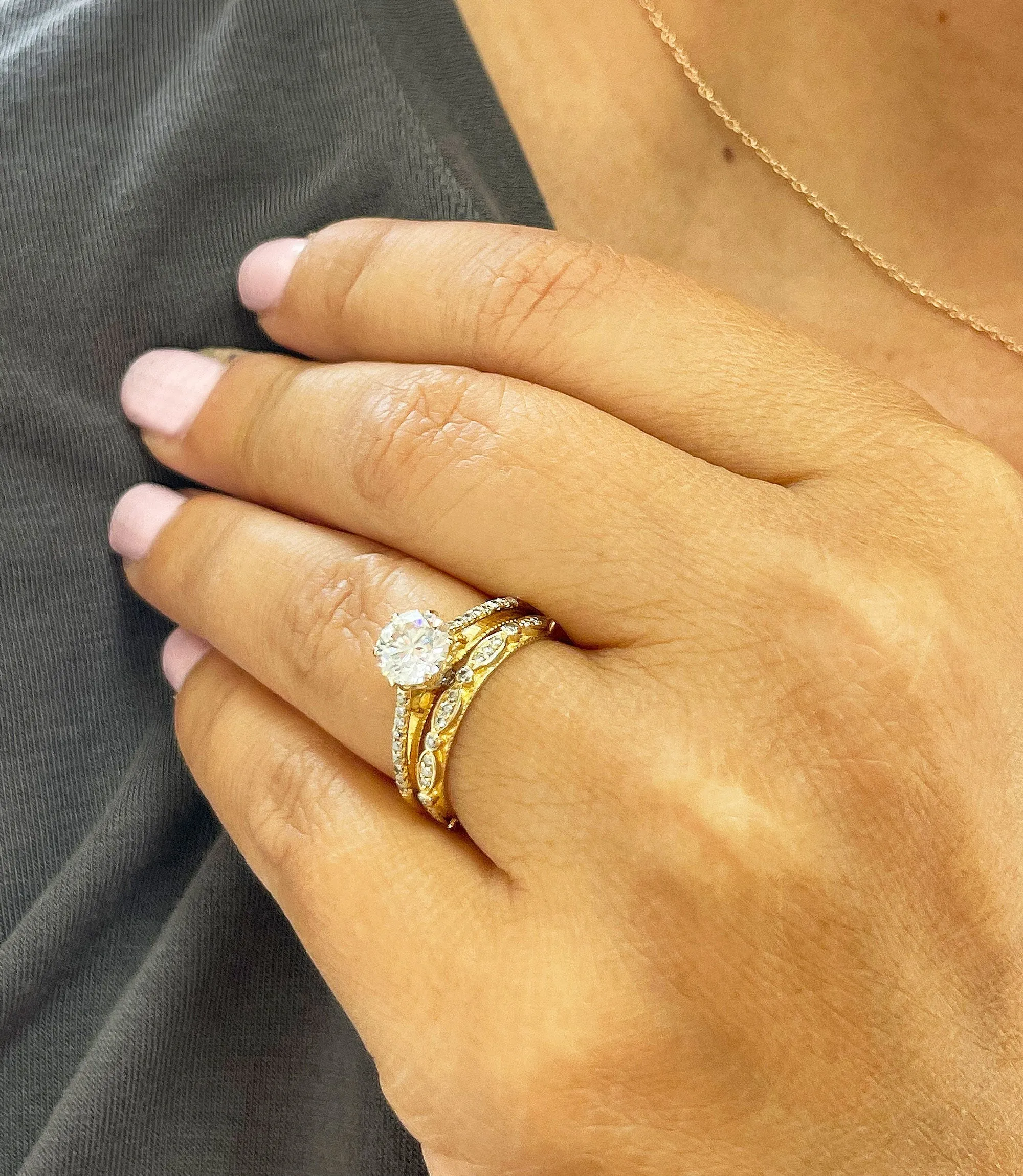 14k Solid Yellow Gold Round Cut Natural Diamond Engagement Ring And Band 1.50ctw
