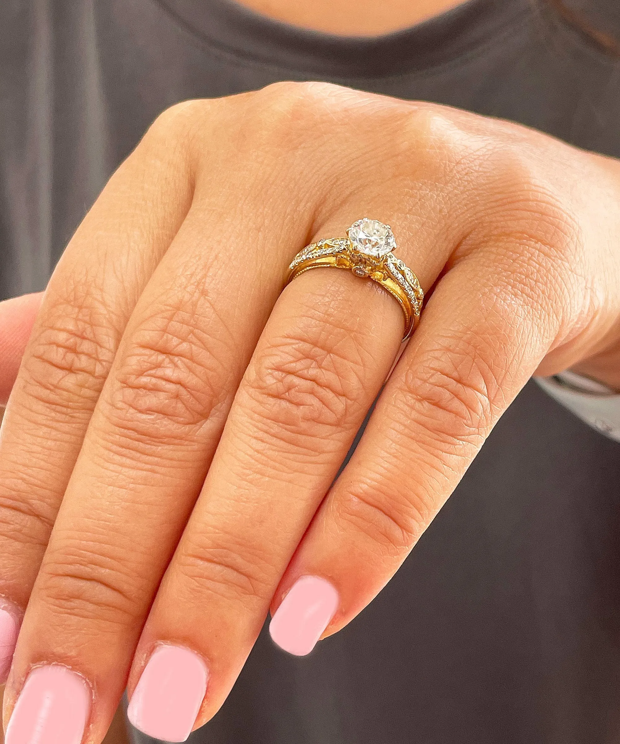 14k Solid Yellow Gold Round Cut Natural Diamond Engagement Ring And Band 1.50ctw