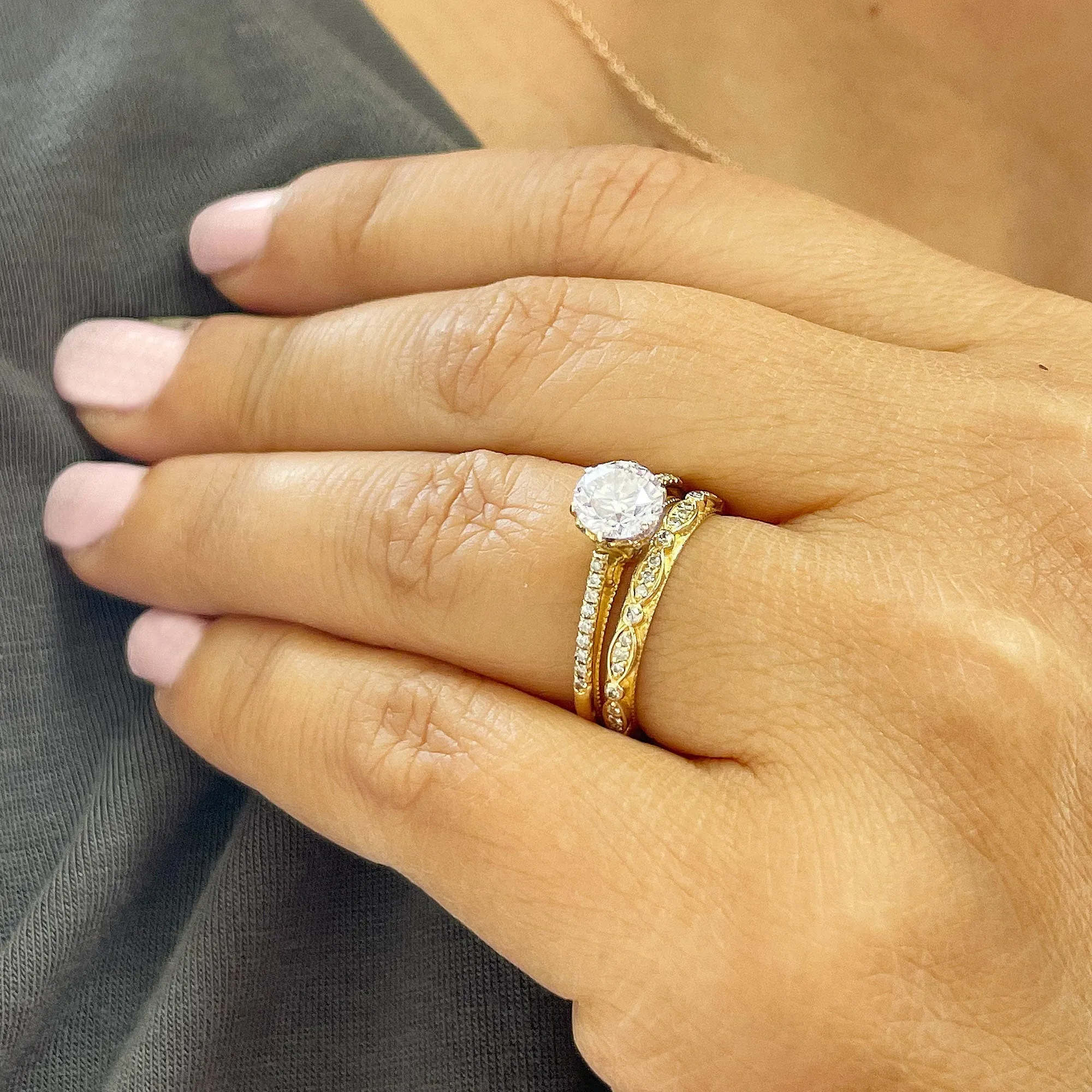 14k Solid Yellow Gold Round Cut Natural Diamond Engagement Ring And Band 1.50ctw