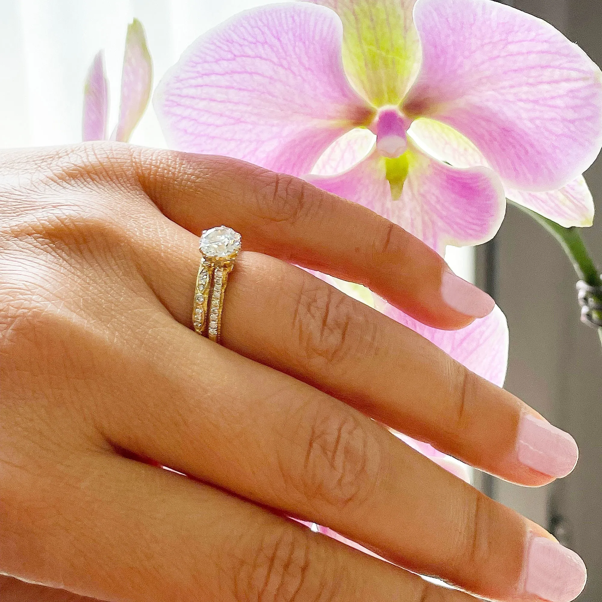 14k Solid Yellow Gold Round Cut Natural Diamond Engagement Ring And Band 1.50ctw