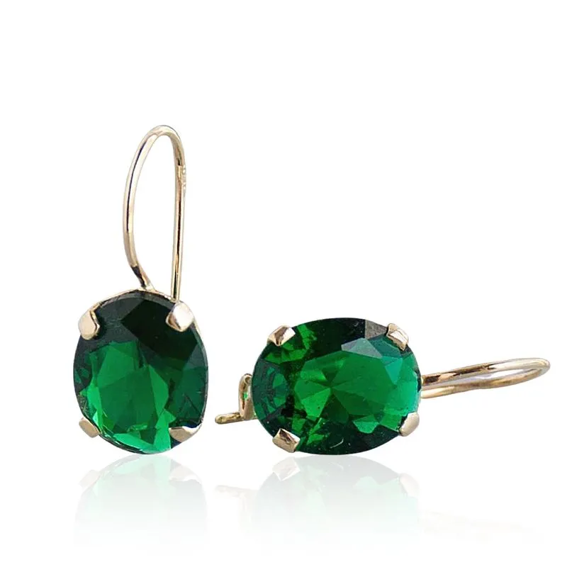 14K Yellow Gold Oval Green Cubic Zirconia 8X10mm Dangle Earrings