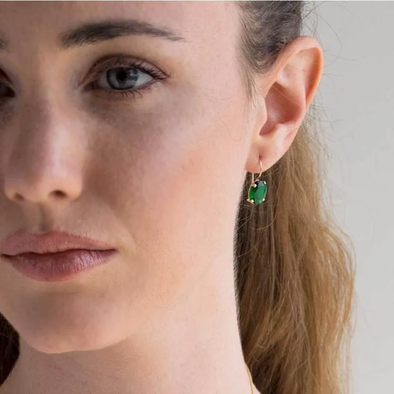 14K Yellow Gold Oval Green Cubic Zirconia 8X10mm Dangle Earrings