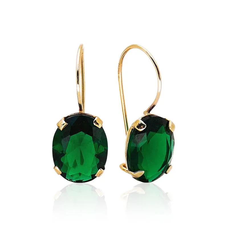 14K Yellow Gold Oval Green Cubic Zirconia 8X10mm Dangle Earrings