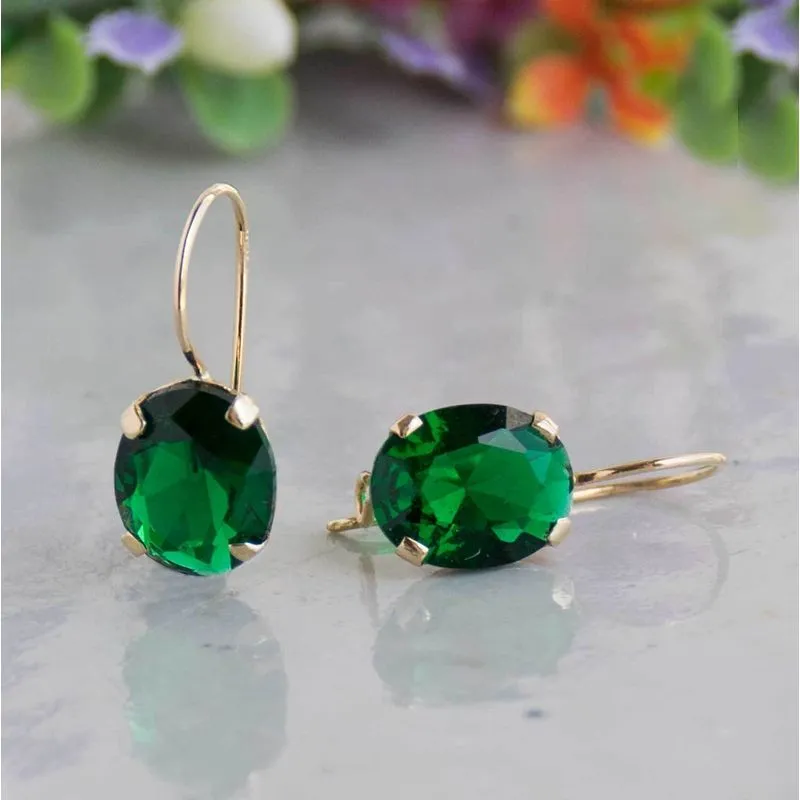 14K Yellow Gold Oval Green Cubic Zirconia 8X10mm Dangle Earrings