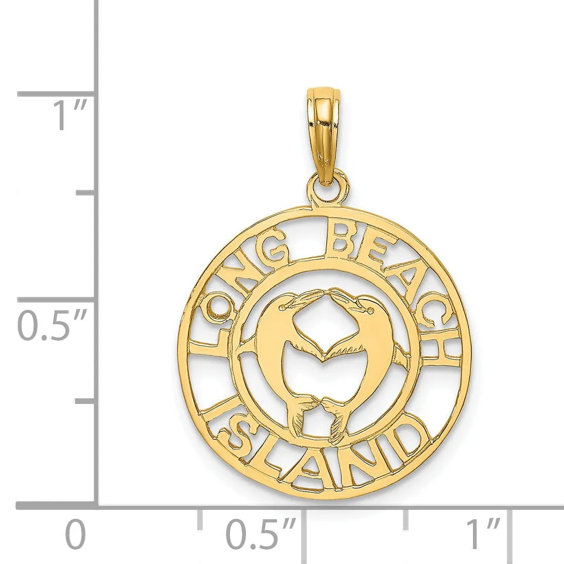 14K Yellow Gold Polished Finish LONG BEACH ISLAND with Double Dolphins Design Charm Pendant