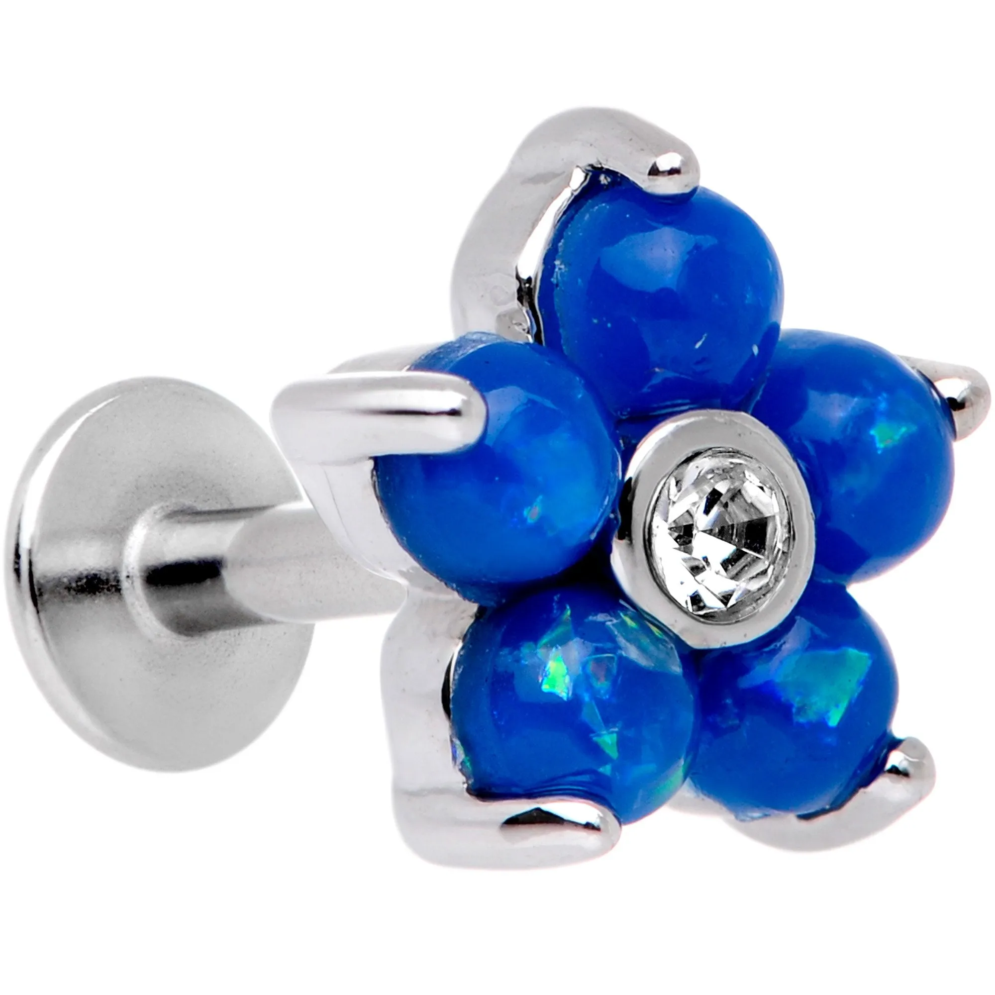 16 Gauge 1/4 Blue Faux Opal CZ Flower Cartilage Tragus