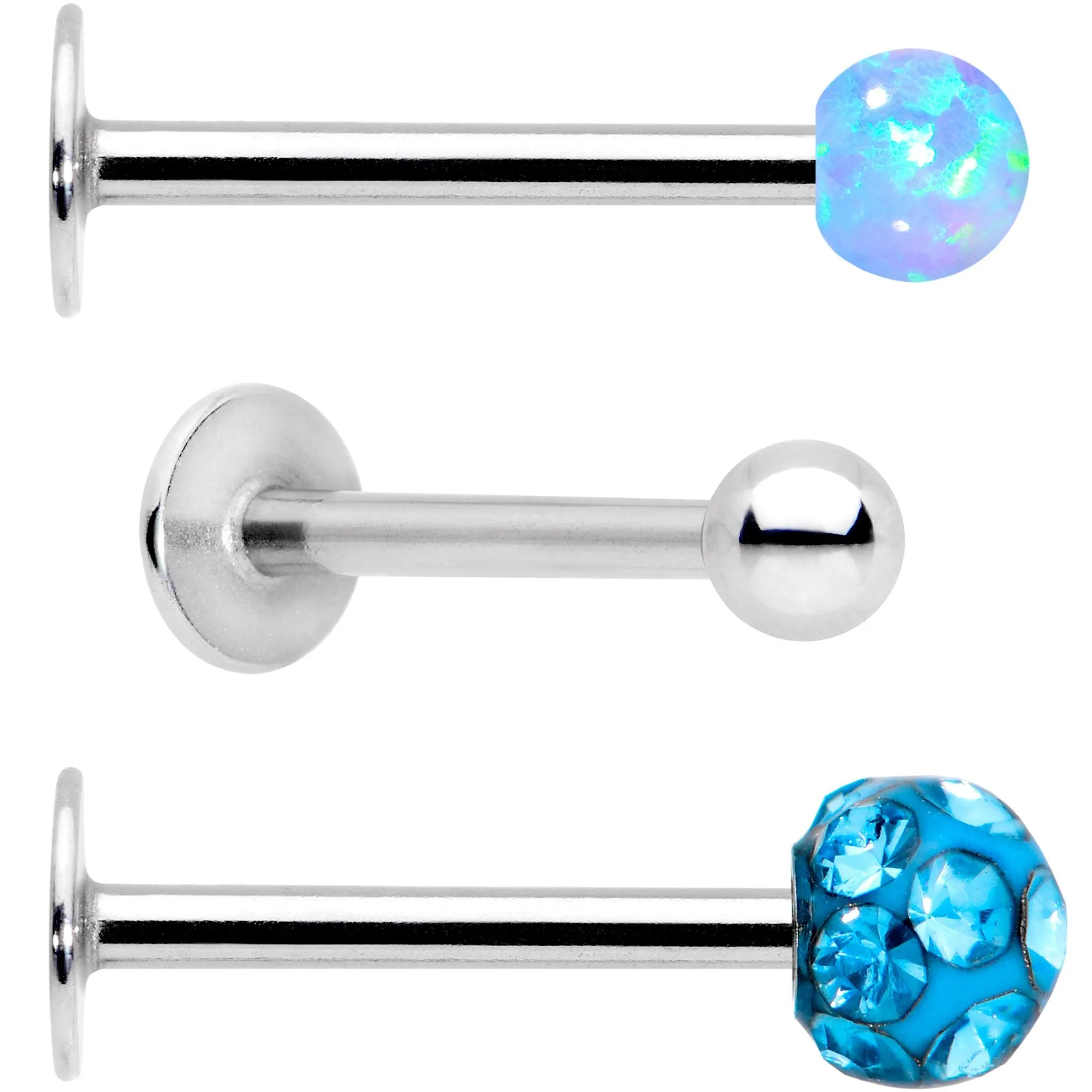 16 Gauge 3/8 Aqua Faux Opal Ball Labret Monroe Tragus 3 Pack Set