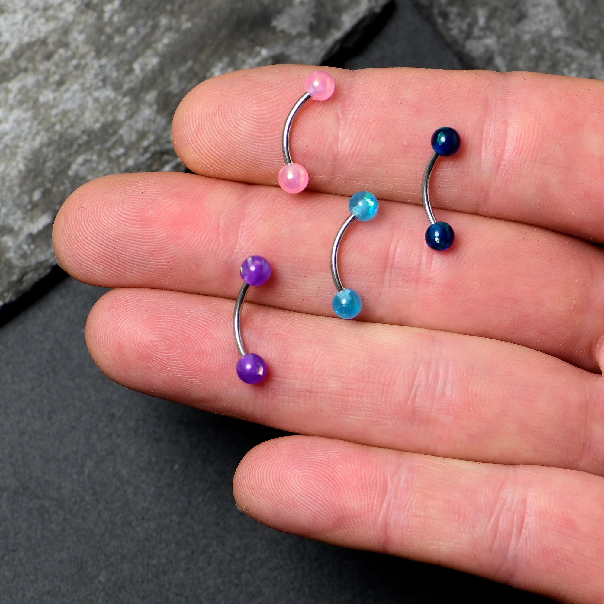 16 Gauge 3/8 Pink Blue Purple Faux Opal Pack Curved Eyebrow Ring Set of 4