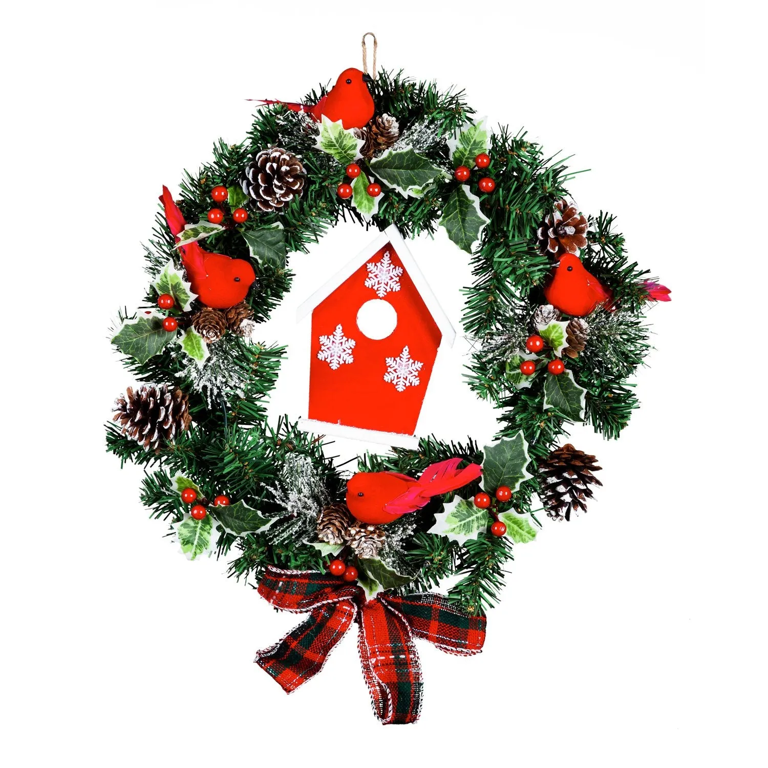 16" LED Cardinal and Birdhouse Wreath with Plaid Bow,8wr223