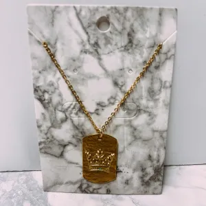 18K GOLD PLATED CROWN DOG TAG NECKLACE
