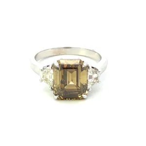 18K White Gold Emerald Cut Fancy Greenish Brown & Trapezoid Diamond Three Stone Ring (4.40ctw)