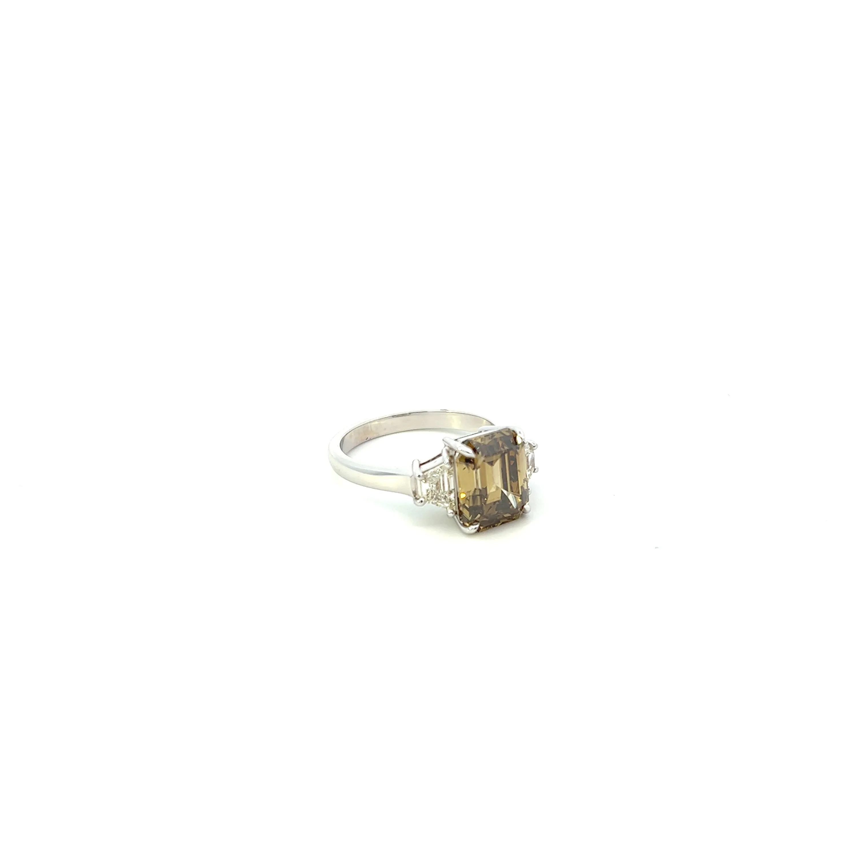 18K White Gold Emerald Cut Fancy Greenish Brown & Trapezoid Diamond Three Stone Ring (4.40ctw)