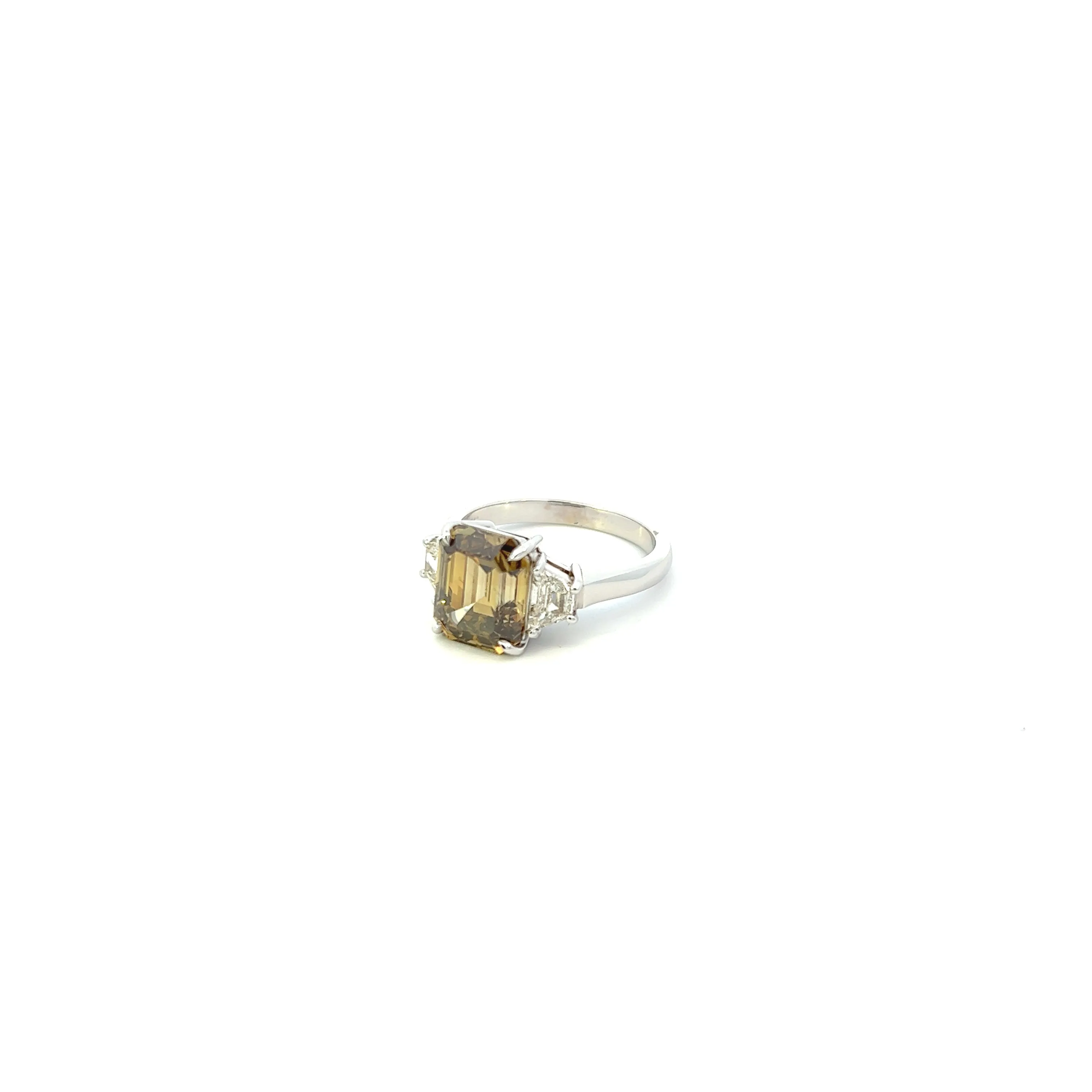 18K White Gold Emerald Cut Fancy Greenish Brown & Trapezoid Diamond Three Stone Ring (4.40ctw)