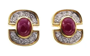 1980s Cabochon Ruby Diamond 18 Karat Gold Ear Clips