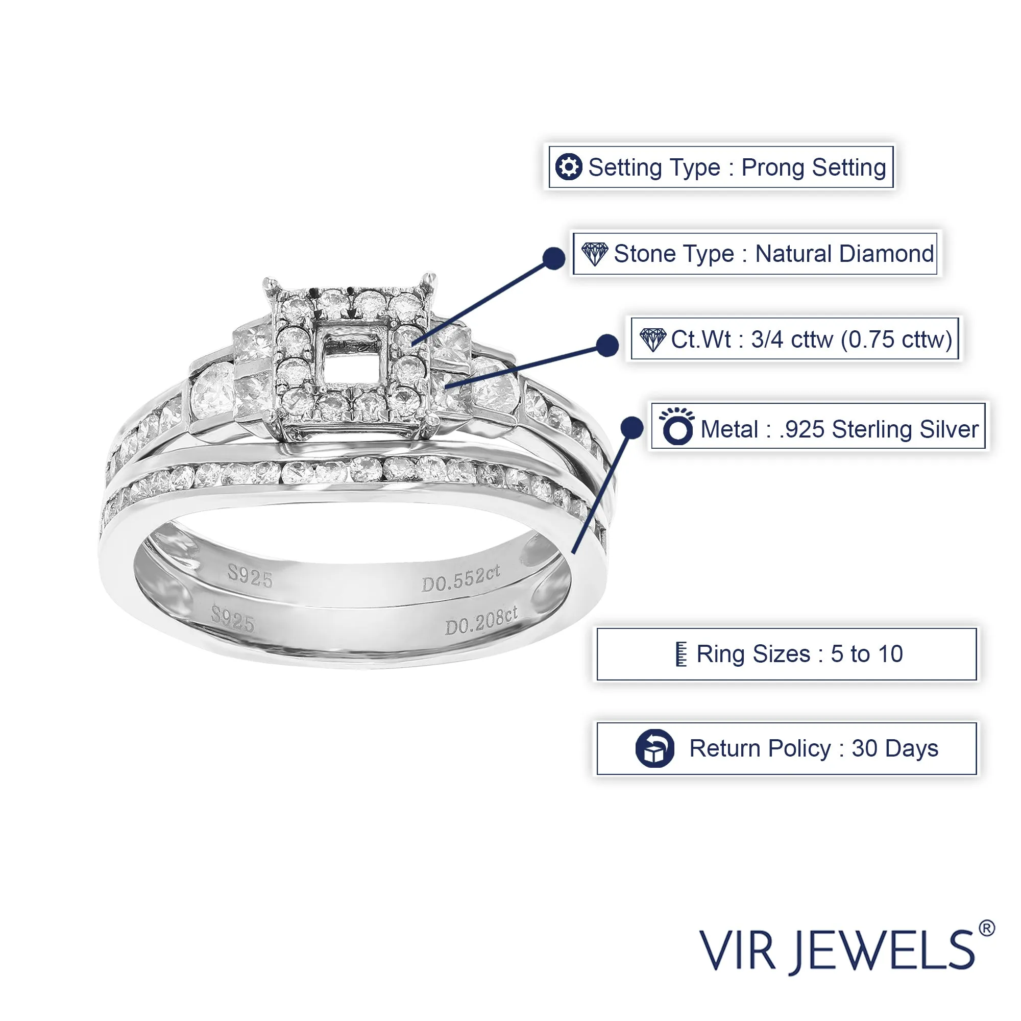 3/4 cttw Diamond Wedding Semi Mount Ring Set in Silver
