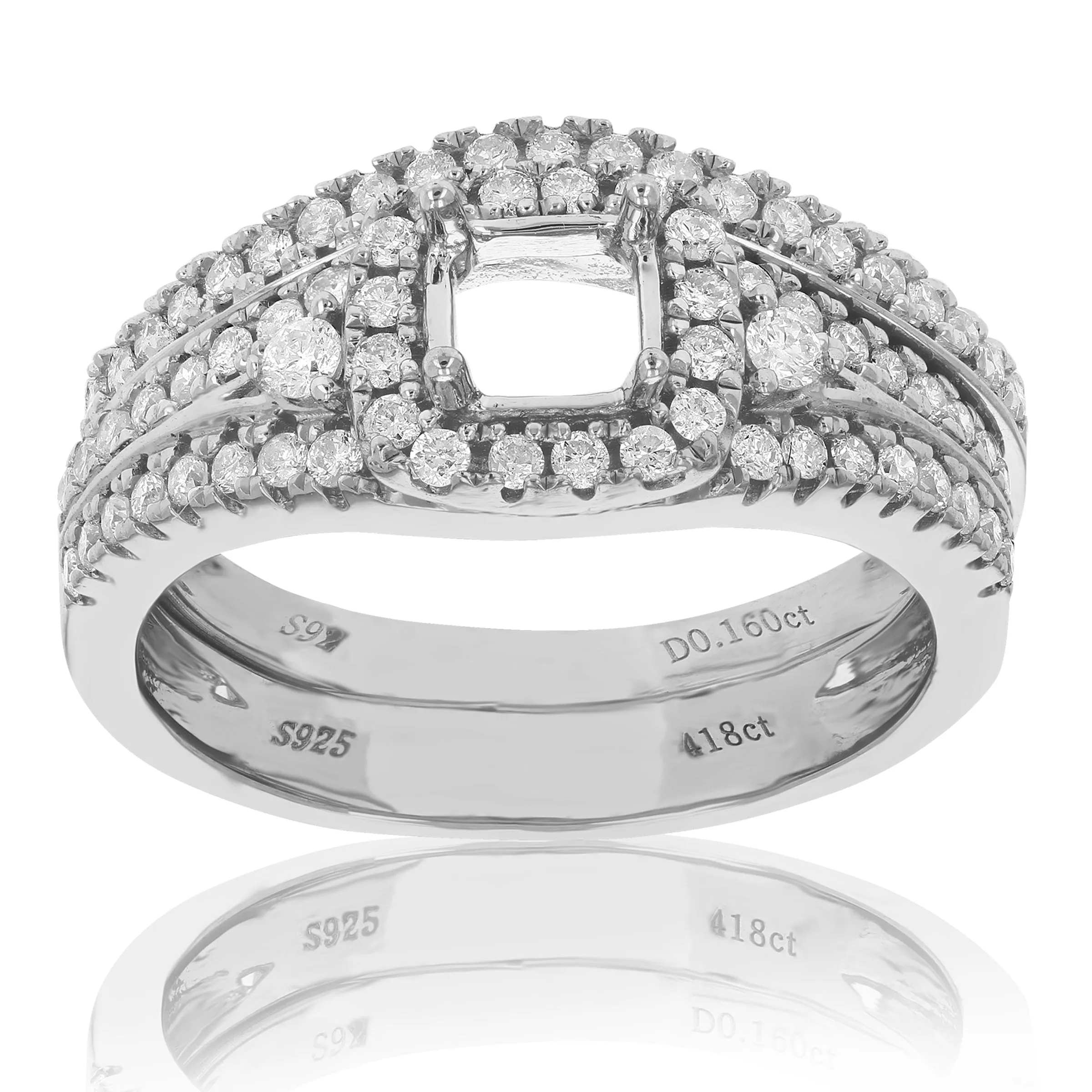 3/5 cttw Diamond Cushion Semi Mount Wedding Ring Set in Silver