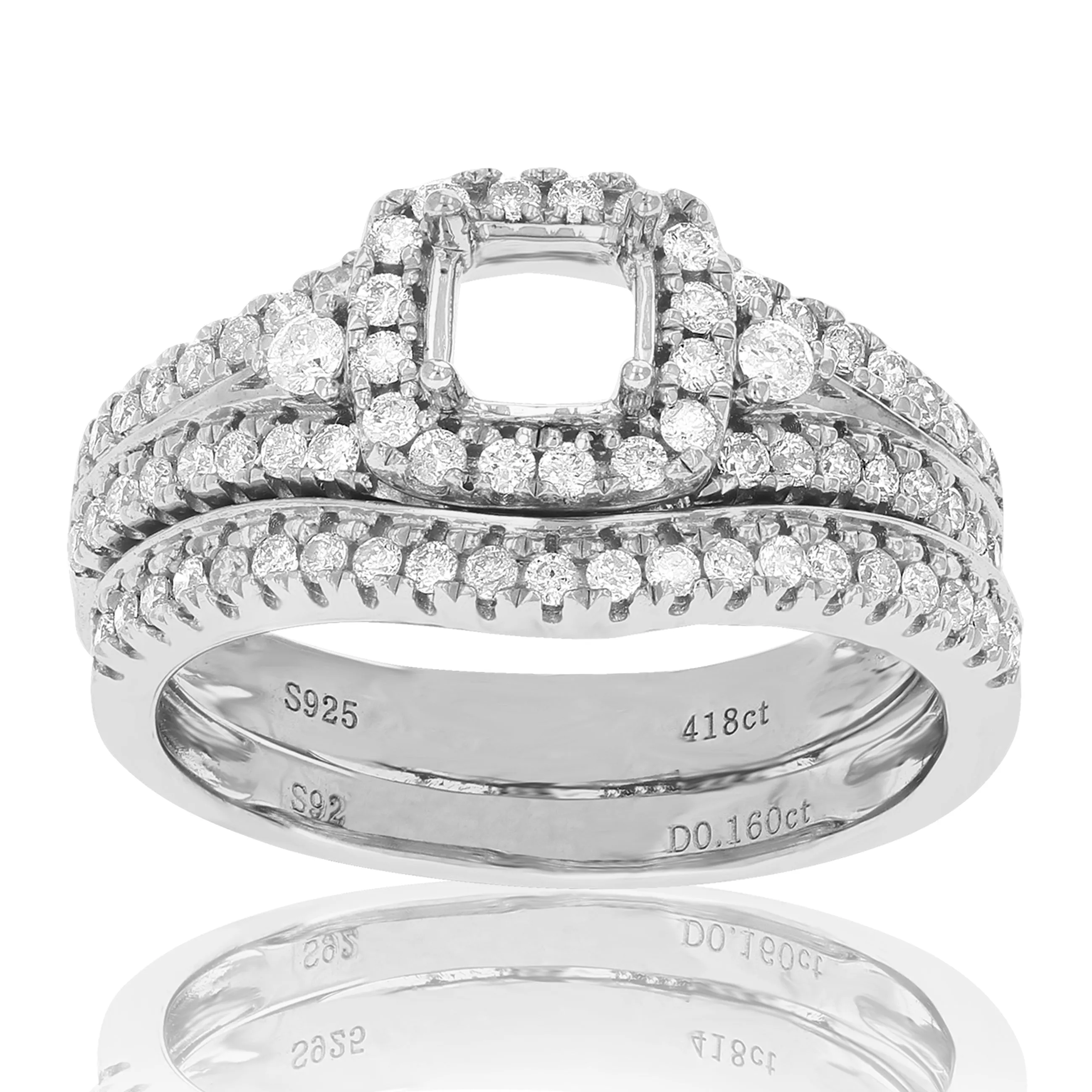 3/5 cttw Diamond Cushion Semi Mount Wedding Ring Set in Silver