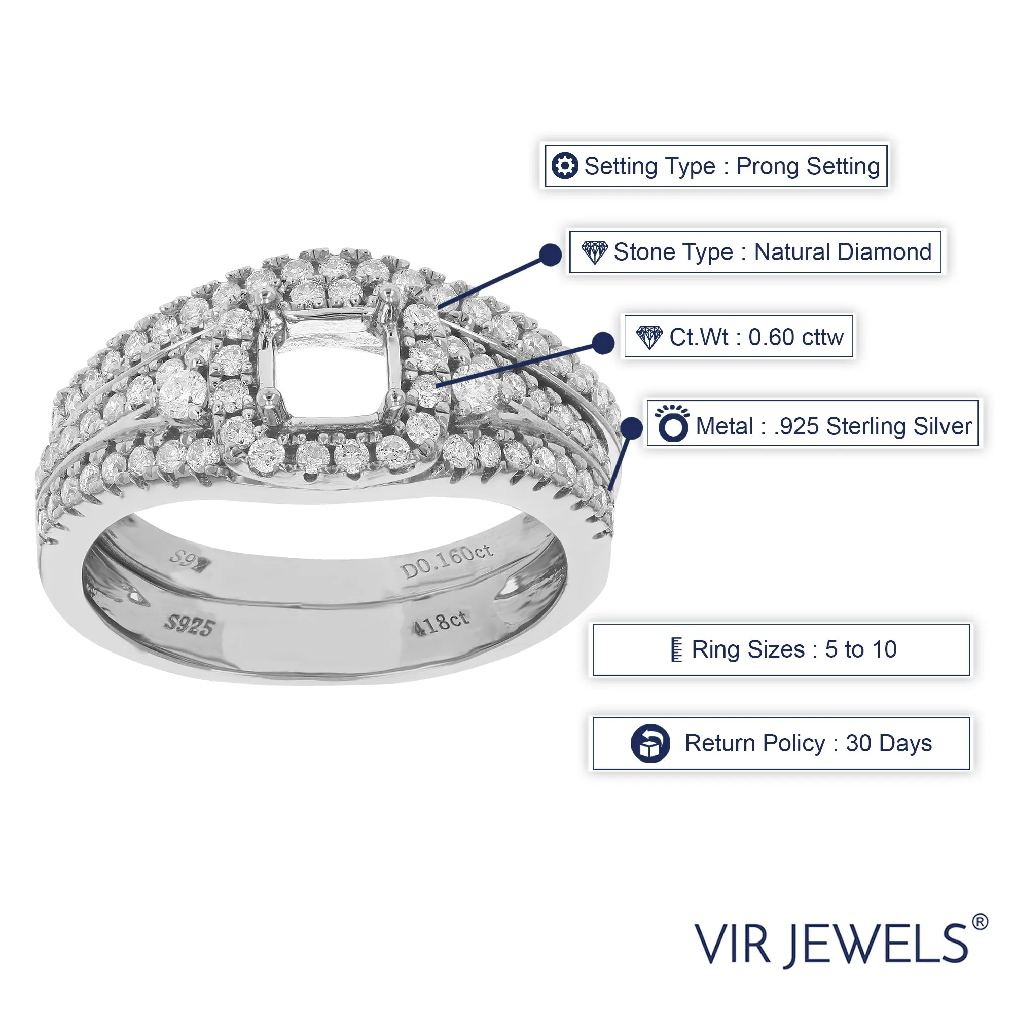 3/5 cttw Diamond Cushion Semi Mount Wedding Ring Set in Silver