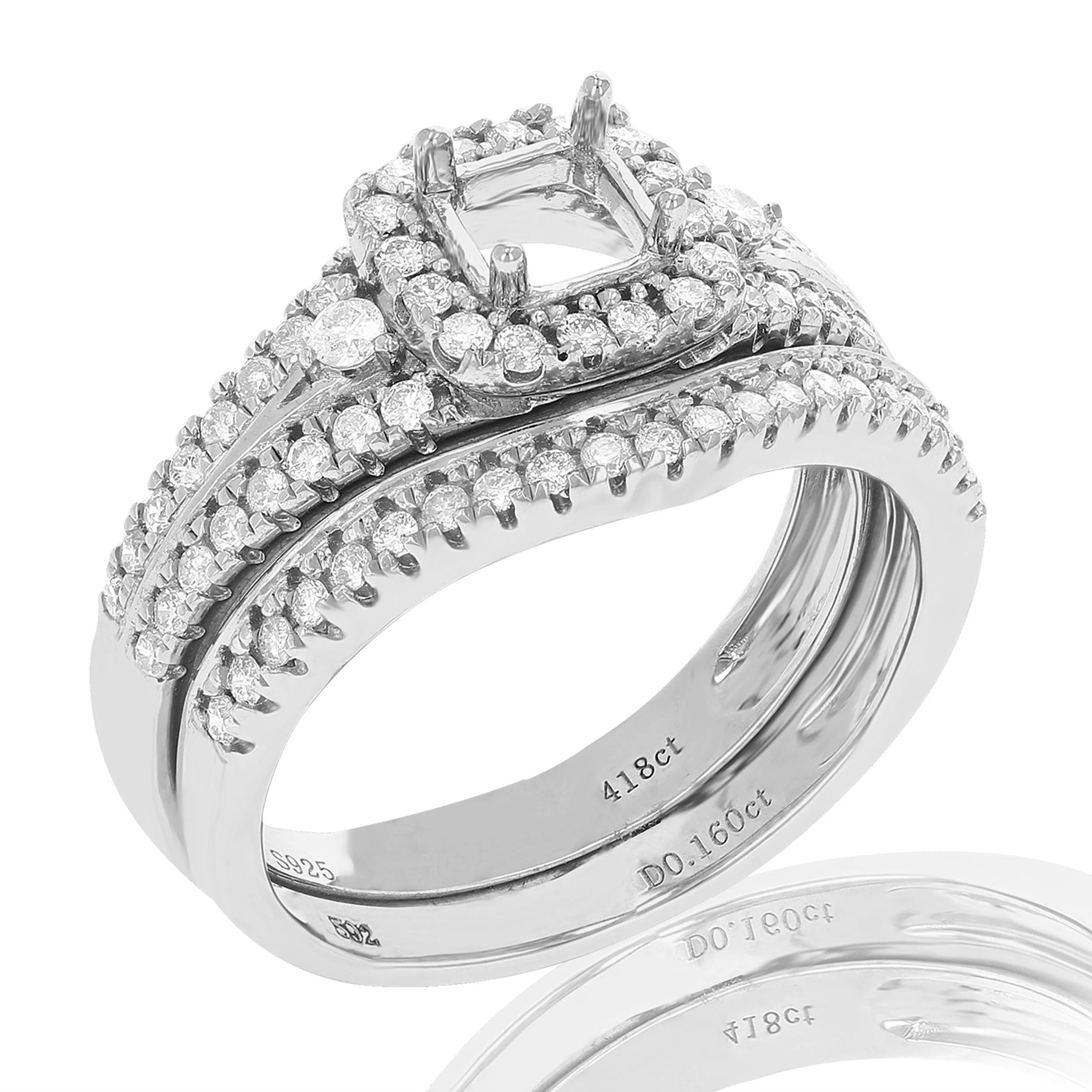 3/5 cttw Diamond Cushion Semi Mount Wedding Ring Set in Silver