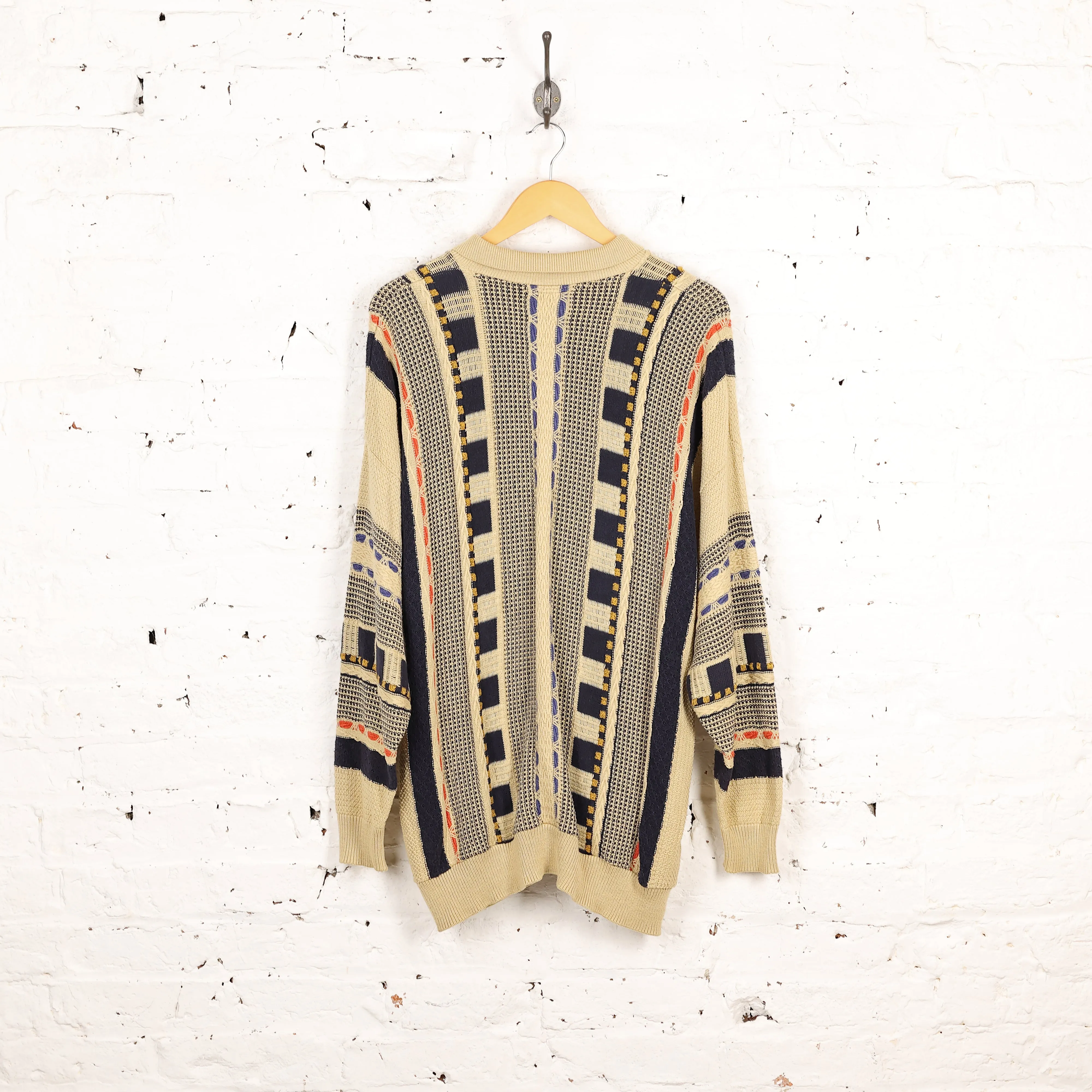 90s Collared Texture Knit Patterned Jumper - Beige - XL