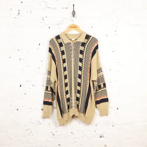 90s Collared Texture Knit Patterned Jumper - Beige - XL