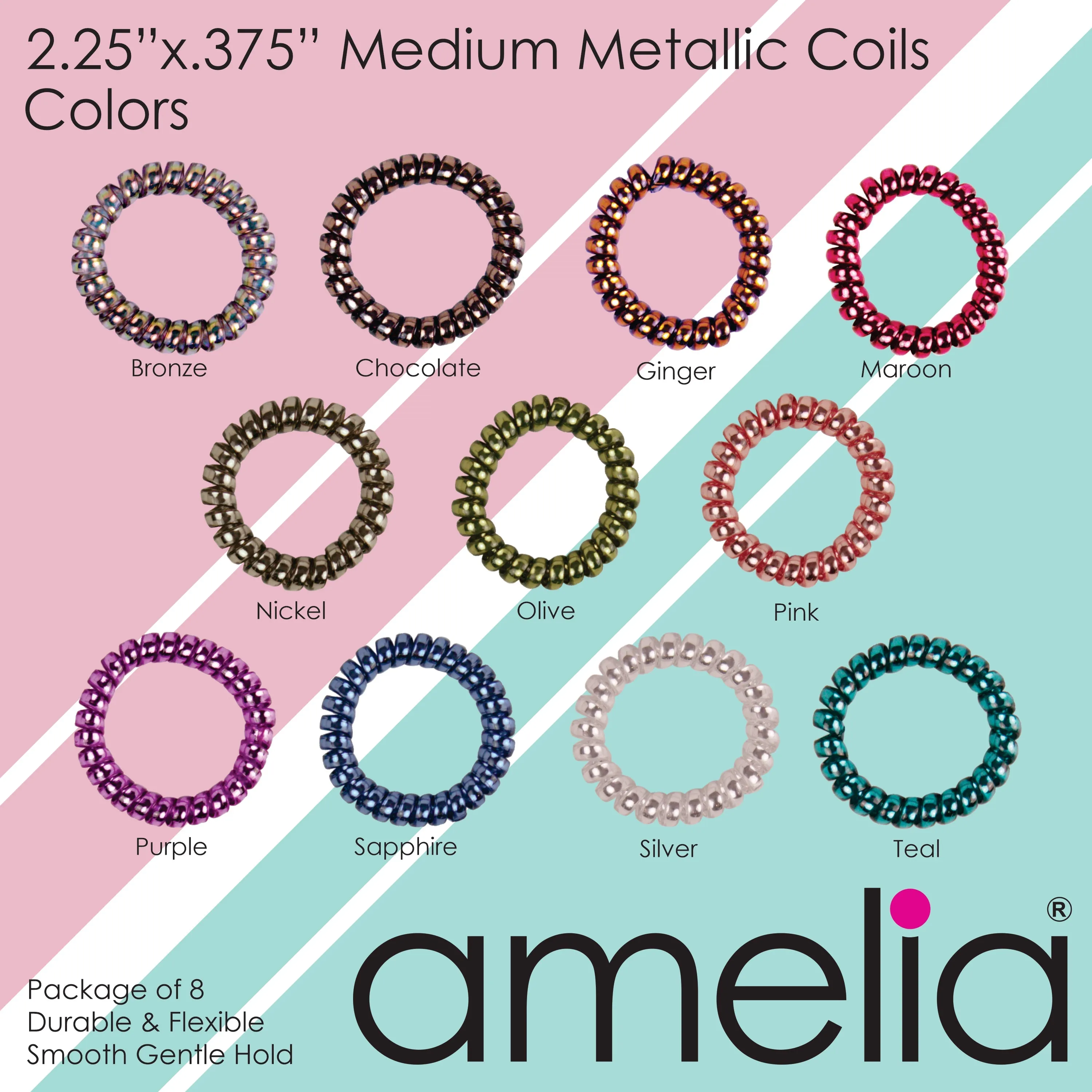 Amelia Beauty Products 8 Medium Smooth Elastic Hair Coils, 2.25in Diameter Spiral Hair Ties, Gentle on Hair, Strong Hold and Minimizes Dents and Creases, Earth Tones