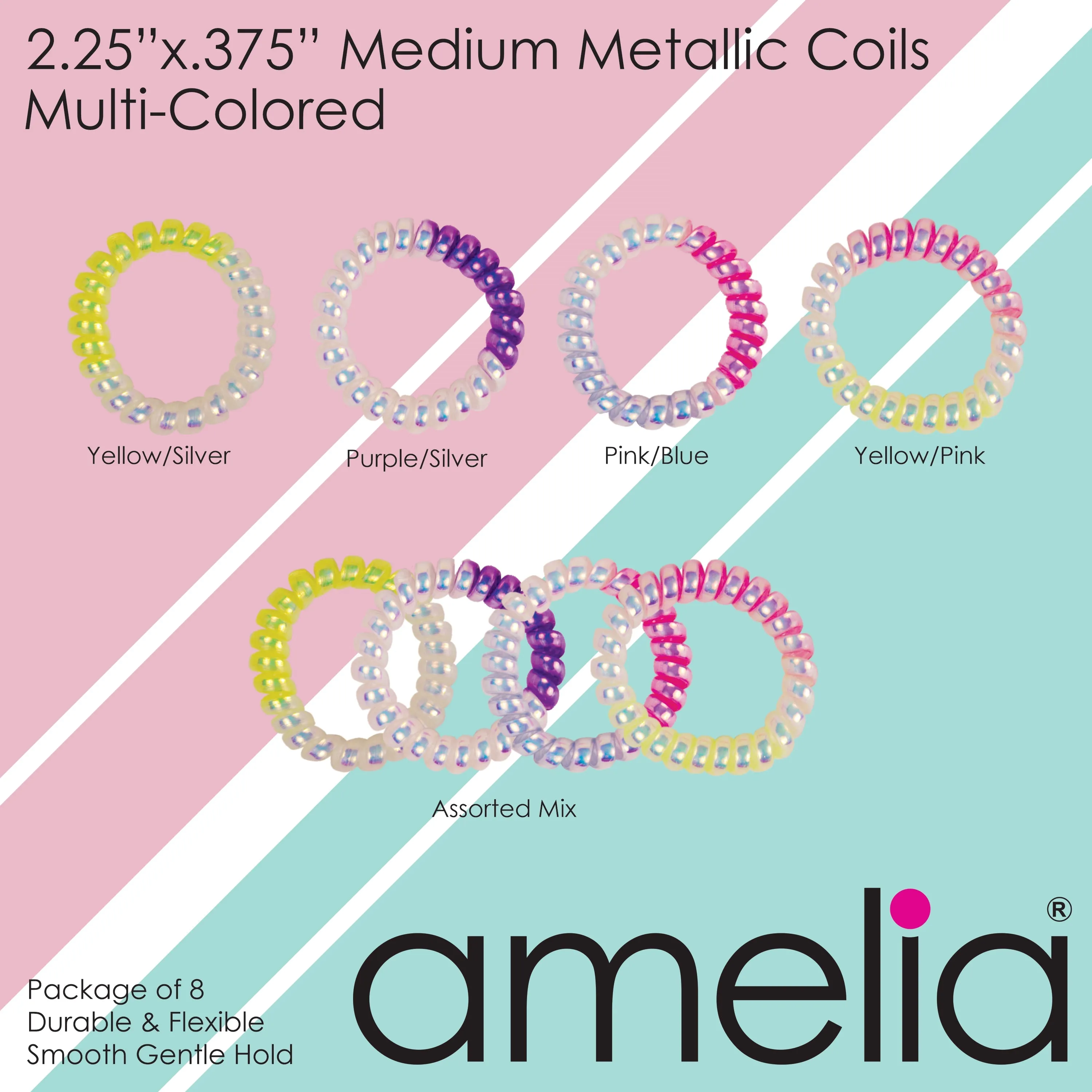 Amelia Beauty Products 8 Medium Smooth Elastic Mutli-Colored Hair Coils, 2.25in Diameter Spiral Hair Ties, Gentle Yet Strong Hold and Minimizes Dents, Pink/Blue