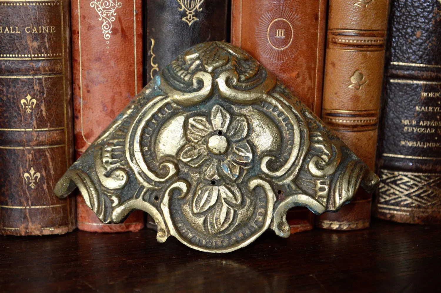 Antique French Corner Mount Brass Trim Cap Hardware