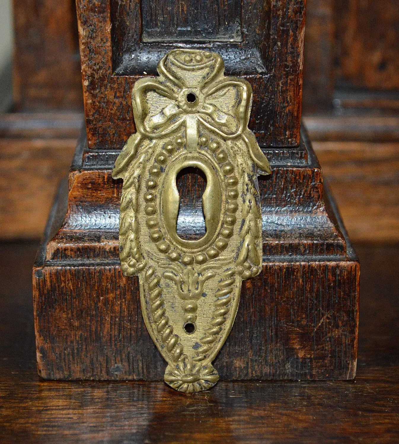 Antique French Escutcheon Brass Keyhole Bow Beaded Hardware