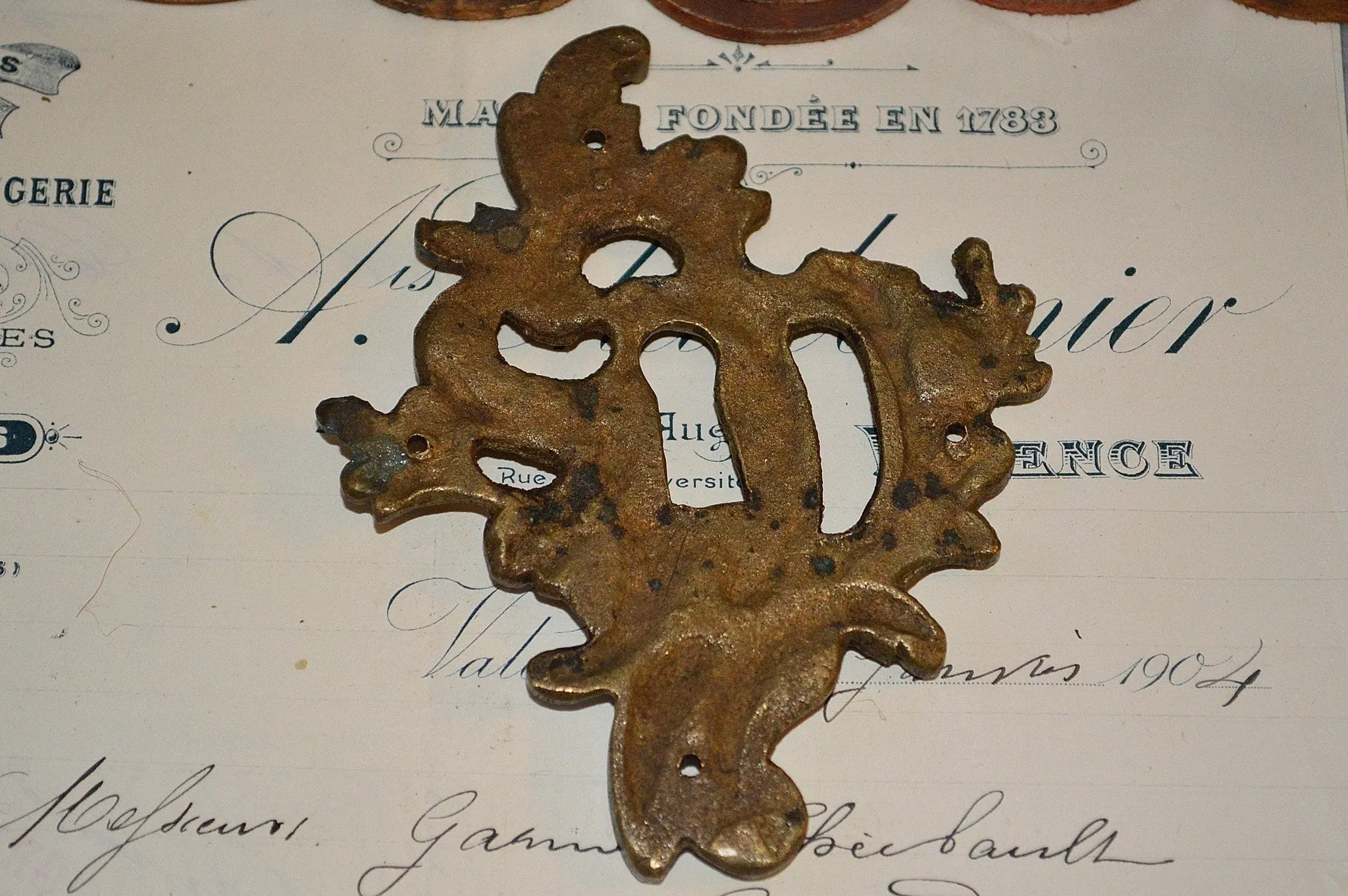 Antique French Escutcheon Large Bronze Floral Keyhole Hardware