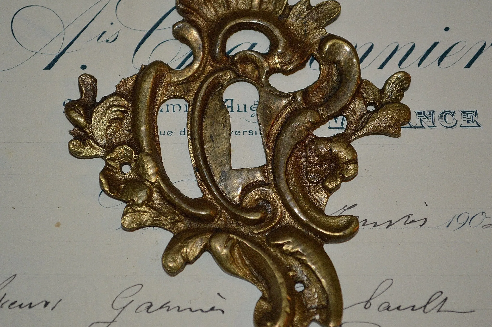 Antique French Escutcheon Large Bronze Floral Keyhole Hardware