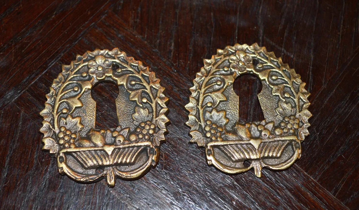 Antique French Keyhole Escutcheon Bronze Hardware Fruit Basket And Vines