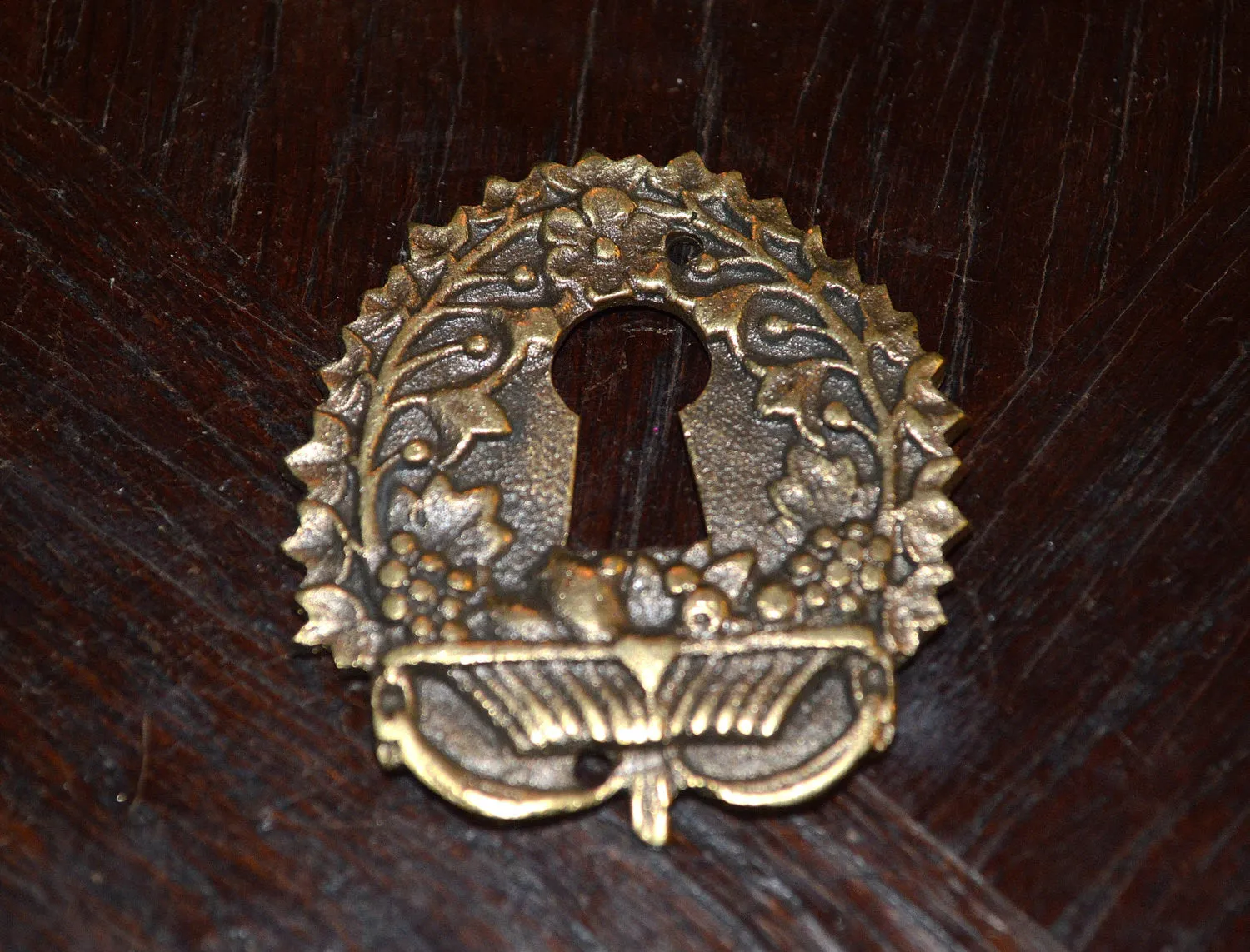 Antique French Keyhole Escutcheon Bronze Hardware Fruit Basket And Vines
