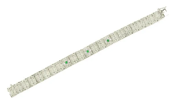 Antique Inspired Art Deco Filigree Emerald & Diamond Engraved Bracelet in 14 Karat White Gold