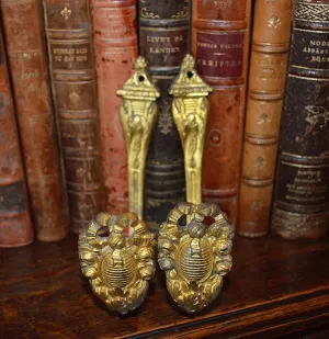 Antique Pair French Heavy Gilded Bronze Drapery Tie Backs Hooks Hardware Ornate Bow Floral Design