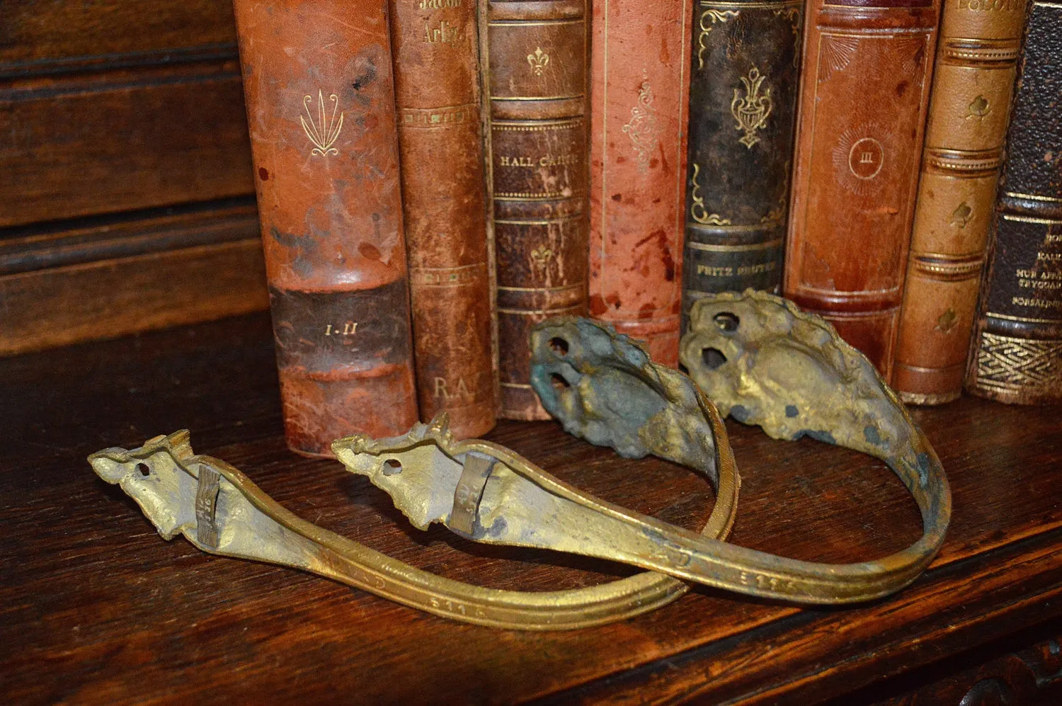 Antique Pair French Heavy Gilded Bronze Drapery Tie Backs Hooks Hardware Ornate Bow Floral Design