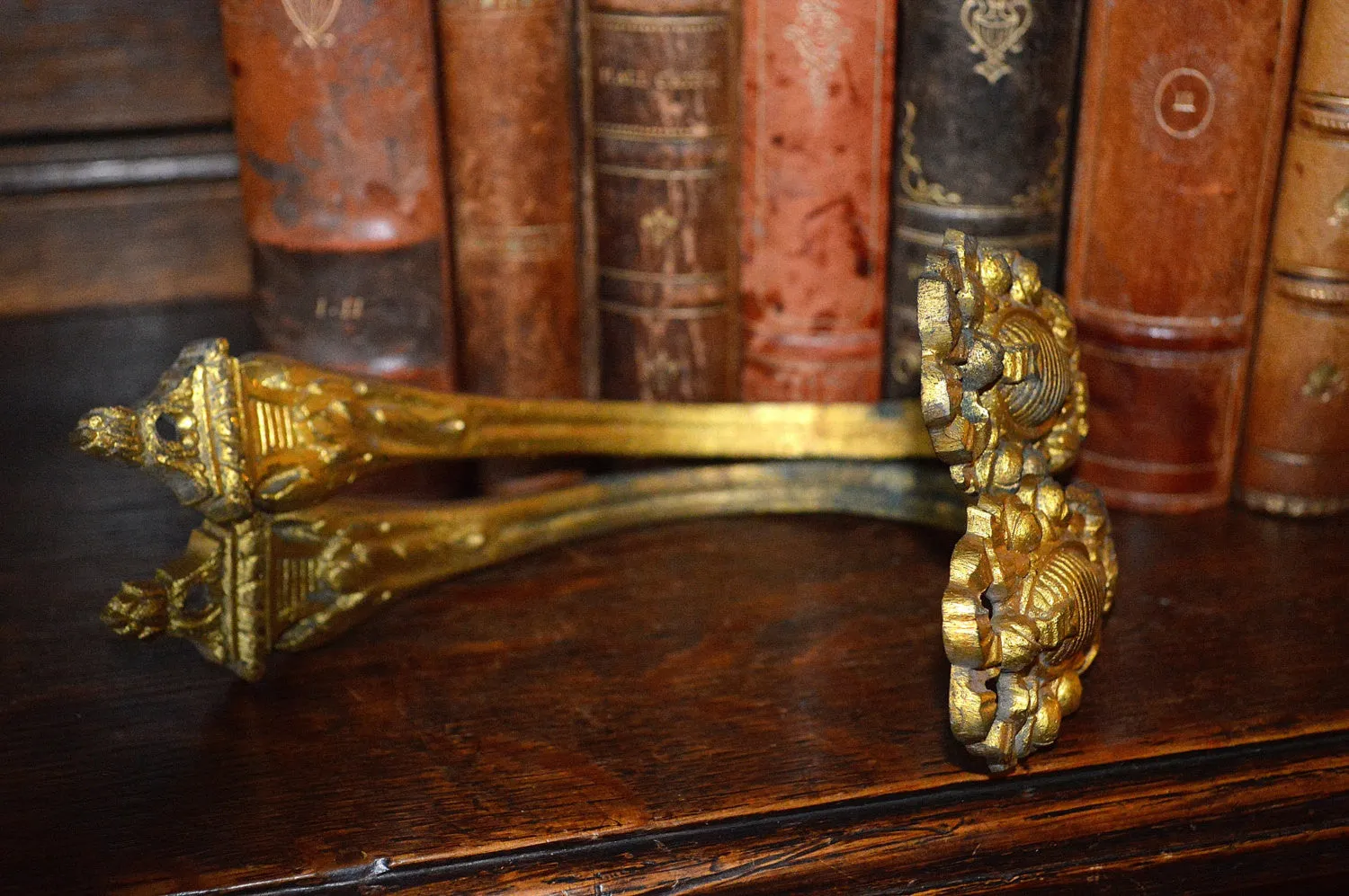 Antique Pair French Heavy Gilded Bronze Drapery Tie Backs Hooks Hardware Ornate Bow Floral Design