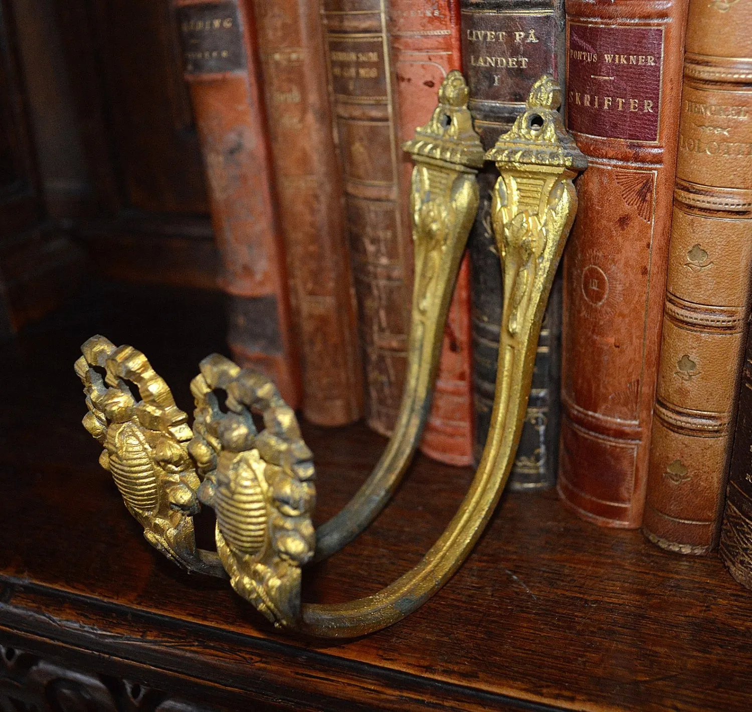 Antique Pair French Heavy Gilded Bronze Drapery Tie Backs Hooks Hardware Ornate Bow Floral Design